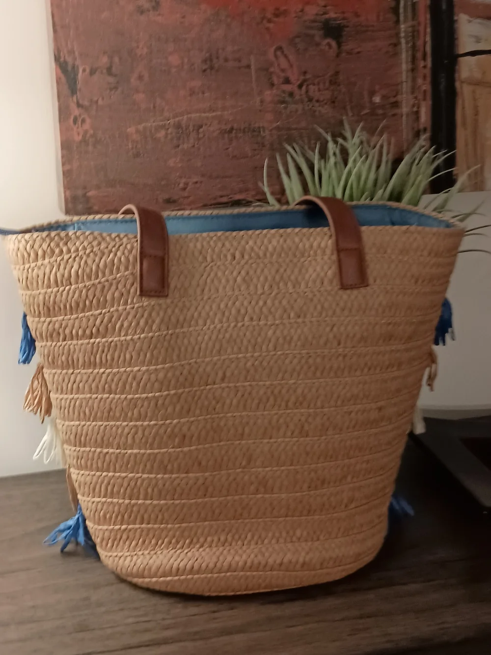 Layered Fringe Straw Tote in Blue, White & Tan